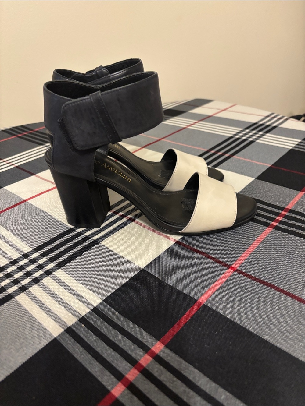 Enzo Angiolini Black and Cream Ankle-Strap Block Heels